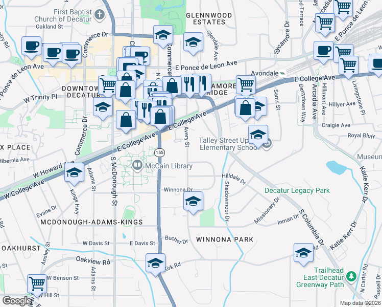 map of restaurants, bars, coffee shops, grocery stores, and more near 186 Avery Street in Decatur