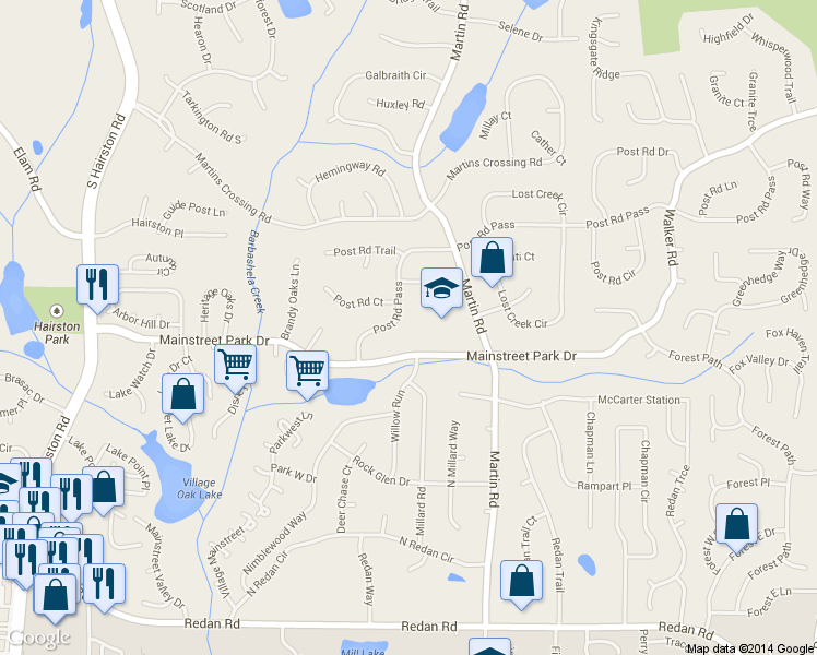 map of restaurants, bars, coffee shops, grocery stores, and more near 4989 Post Road Pass in Stone Mountain