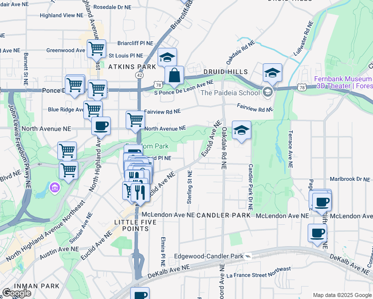 map of restaurants, bars, coffee shops, grocery stores, and more near 559 Candler Street Northeast in Atlanta