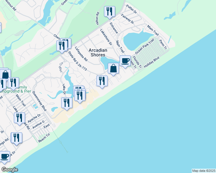 map of restaurants, bars, coffee shops, grocery stores, and more near 8-F Arcadian Drive in Myrtle Beach