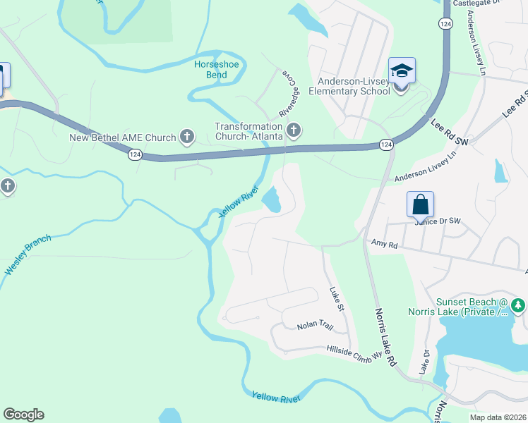 map of restaurants, bars, coffee shops, grocery stores, and more near 4291 Riverlake Way in Snellville