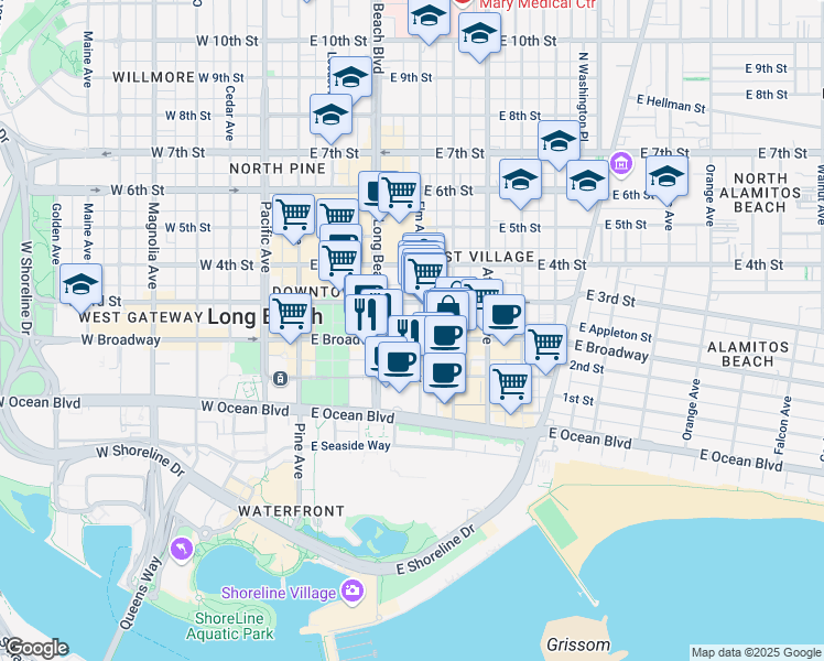 map of restaurants, bars, coffee shops, grocery stores, and more near 252 Elm Avenue in Long Beach