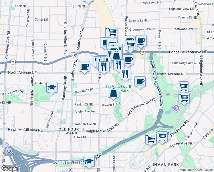 map of restaurants, bars, coffee shops, grocery stores, and more near 641 North Avenue Northeast in Atlanta