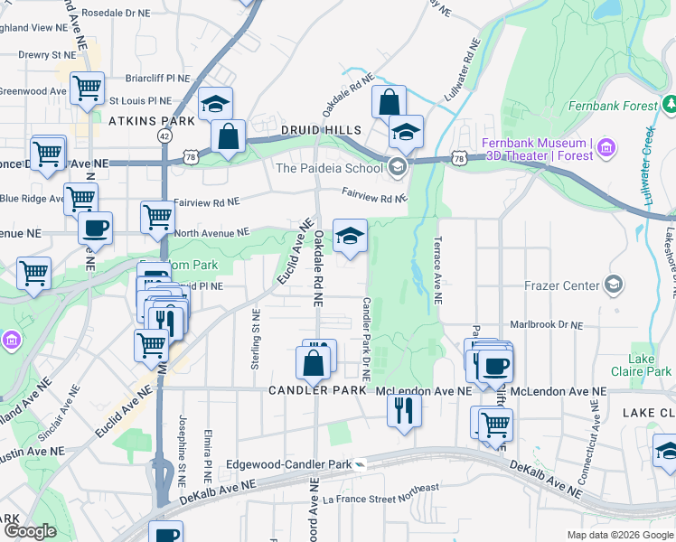 map of restaurants, bars, coffee shops, grocery stores, and more near 586 Candler Park Drive Northeast in Atlanta