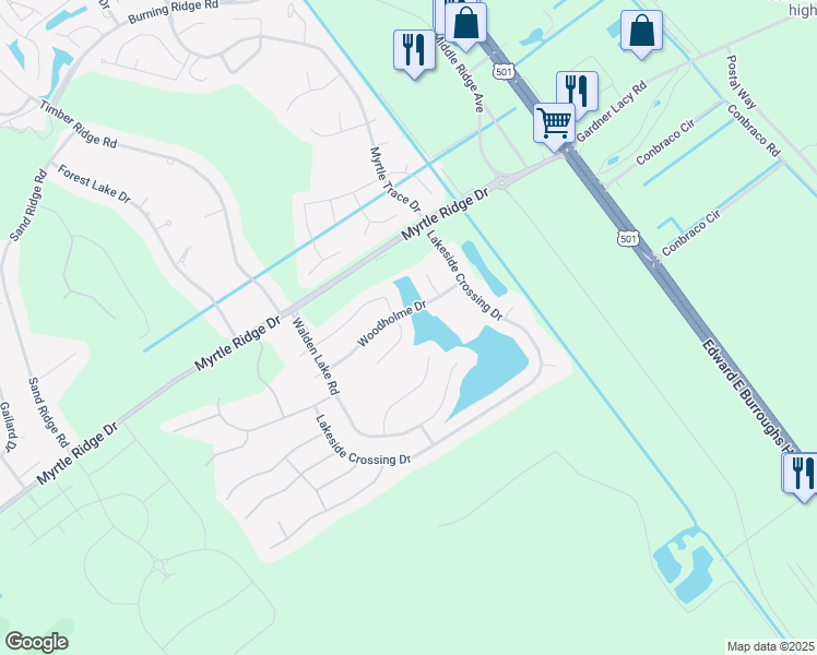 map of restaurants, bars, coffee shops, grocery stores, and more near 549 Woodholme Drive in Conway