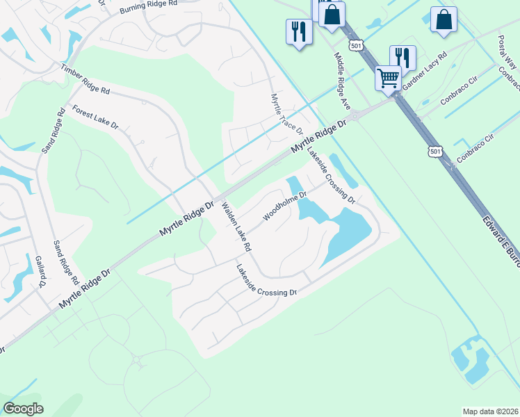 map of restaurants, bars, coffee shops, grocery stores, and more near 132 Wellspring Drive in Conway