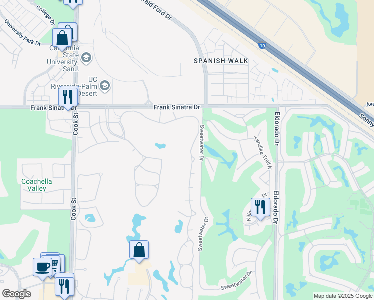 map of restaurants, bars, coffee shops, grocery stores, and more near 365 Desert Falls Drive East in Palm Desert