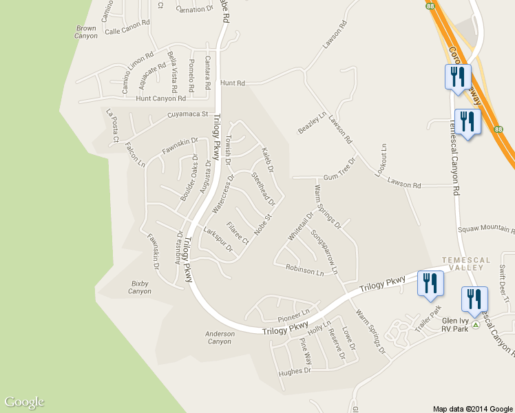 map of restaurants, bars, coffee shops, grocery stores, and more near 24091 Steelhead Drive in Corona
