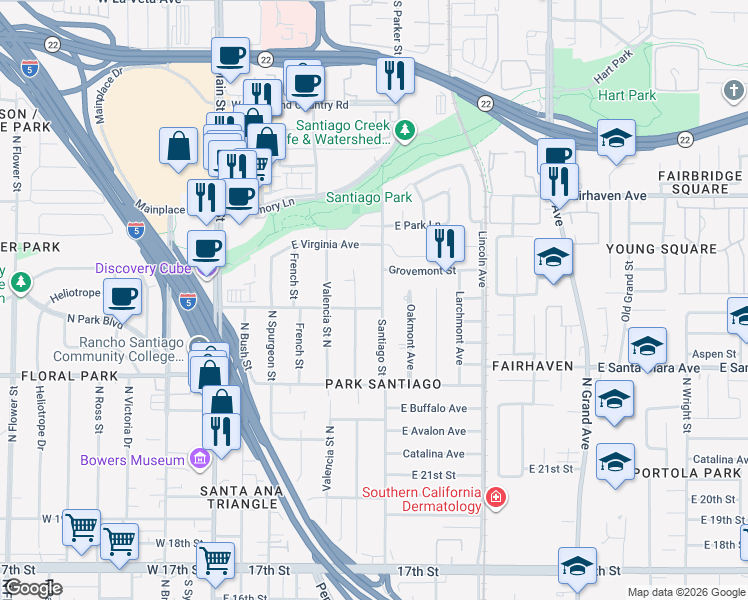 map of restaurants, bars, coffee shops, grocery stores, and more near 2503 Poinsettia Street North in Santa Ana