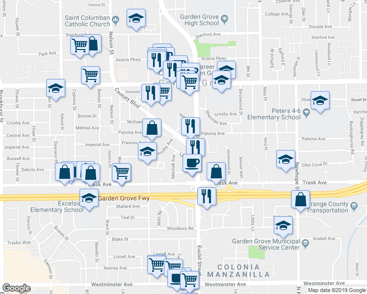 map of restaurants, bars, coffee shops, grocery stores, and more near 13325 Heritage Way in Garden Grove