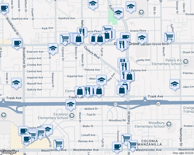map of restaurants, bars, coffee shops, grocery stores, and more near 10652 Frances Avenue in Garden Grove