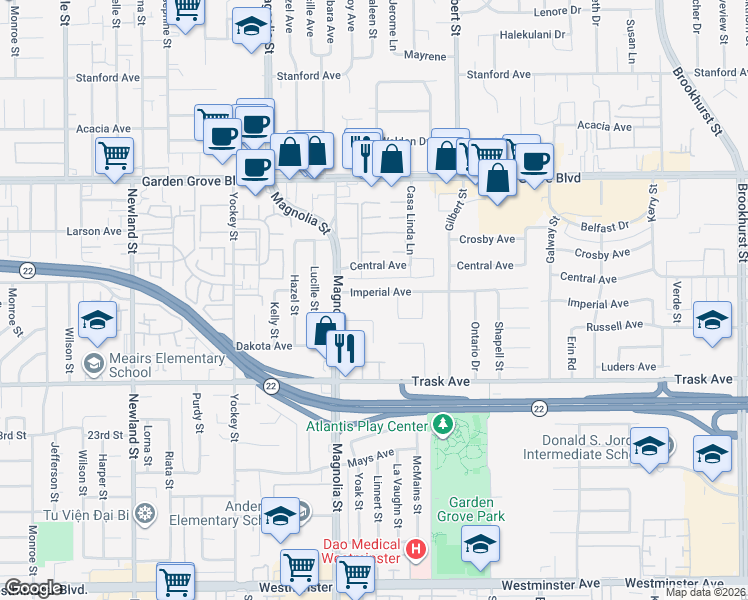 map of restaurants, bars, coffee shops, grocery stores, and more near 9102 Imperial Avenue in Garden Grove