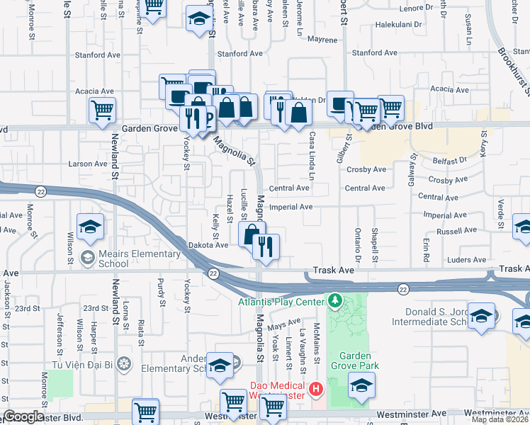 map of restaurants, bars, coffee shops, grocery stores, and more near 9022 Imperial Avenue in Garden Grove