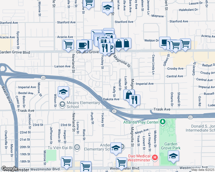 map of restaurants, bars, coffee shops, grocery stores, and more near 13292 Yockey Street in Garden Grove