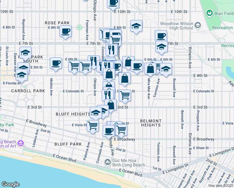 map of restaurants, bars, coffee shops, grocery stores, and more near 336 Redondo Avenue in Long Beach
