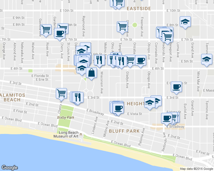 map of restaurants, bars, coffee shops, grocery stores, and more near 337 Molino Avenue in Long Beach