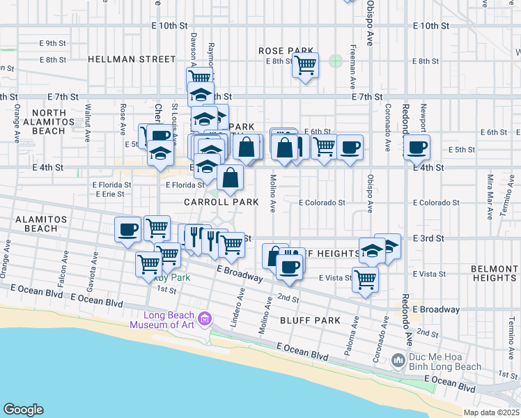 map of restaurants, bars, coffee shops, grocery stores, and more near 337 Molino Avenue in Long Beach