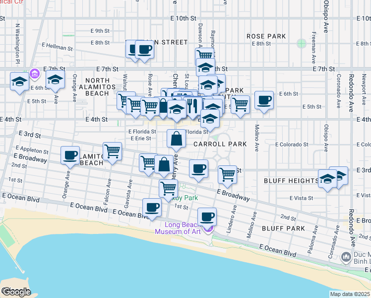 map of restaurants, bars, coffee shops, grocery stores, and more near 2032 East Bermuda Street in Long Beach