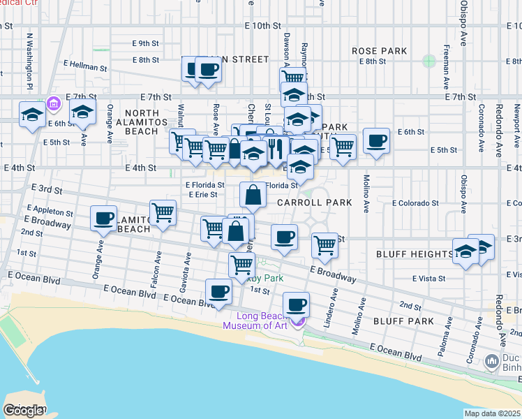 map of restaurants, bars, coffee shops, grocery stores, and more near 2032 East Bermuda Street in Long Beach