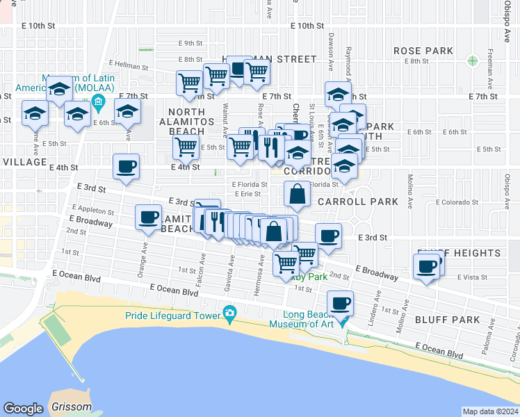 map of restaurants, bars, coffee shops, grocery stores, and more near 1755 East 3rd Street in Long Beach