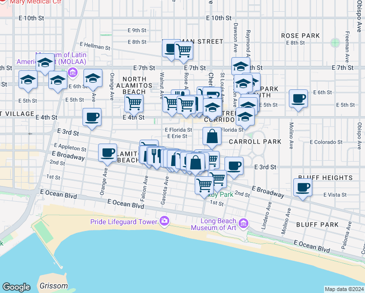 map of restaurants, bars, coffee shops, grocery stores, and more near 1755 East 3rd Street in Long Beach