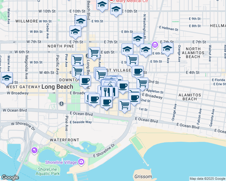 map of restaurants, bars, coffee shops, grocery stores, and more near 449 Linden Avenue in Long Beach