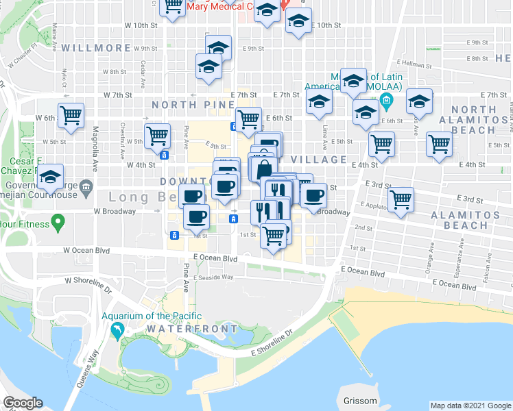 map of restaurants, bars, coffee shops, grocery stores, and more near 252 Elm Avenue in Long Beach