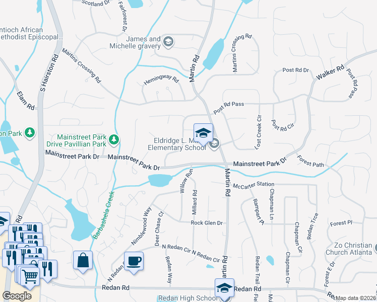map of restaurants, bars, coffee shops, grocery stores, and more near 4989 Post Road Pass in Stone Mountain