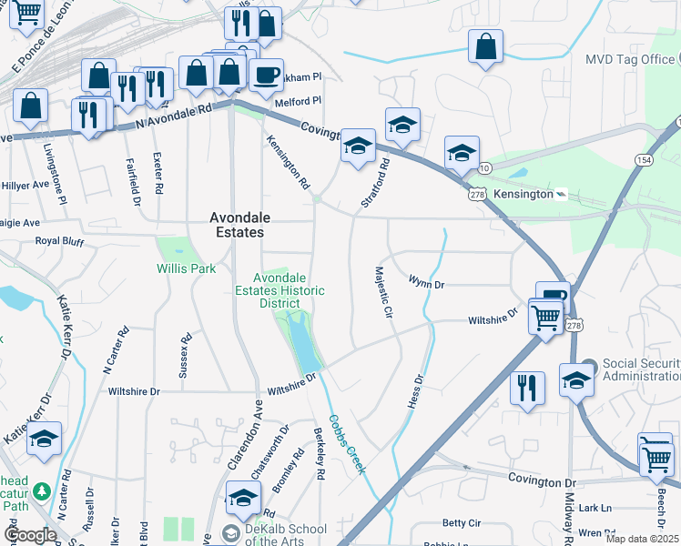 map of restaurants, bars, coffee shops, grocery stores, and more near 845 Stratford Road in Avondale Estates