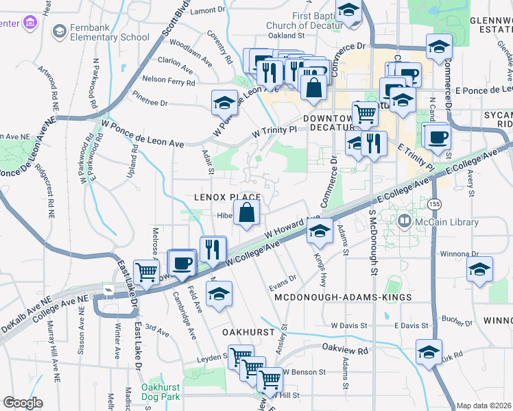 map of restaurants, bars, coffee shops, grocery stores, and more near 101 Hibernia Avenue in Decatur