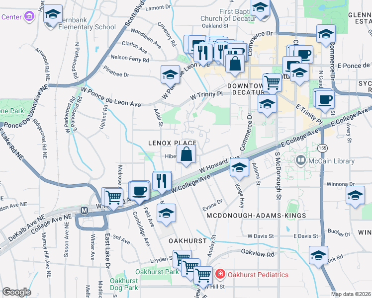 map of restaurants, bars, coffee shops, grocery stores, and more near 158 Ridley Lane in Decatur