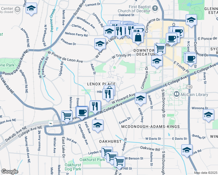map of restaurants, bars, coffee shops, grocery stores, and more near 1014 Braeburn Lane in Decatur