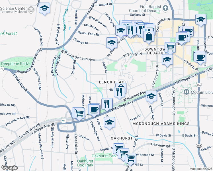 map of restaurants, bars, coffee shops, grocery stores, and more near in Decatur