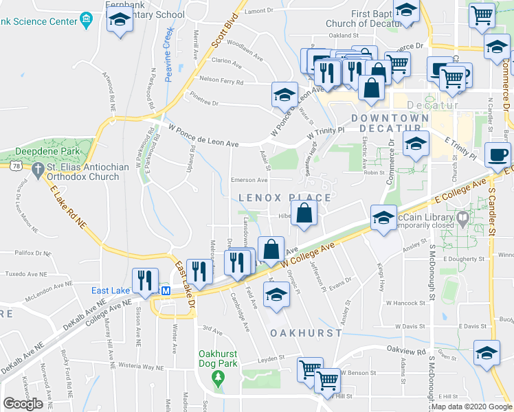 map of restaurants, bars, coffee shops, grocery stores, and more near 212 Adair Street in Decatur