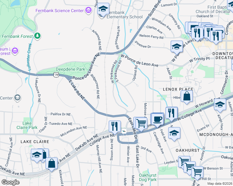 map of restaurants, bars, coffee shops, grocery stores, and more near 317 West Parkwood Road in Decatur