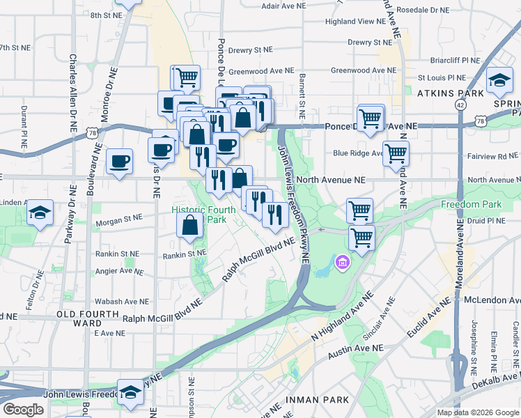 map of restaurants, bars, coffee shops, grocery stores, and more near 820 Ralph McGill Boulevard Northeast in Atlanta