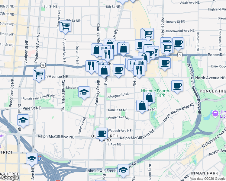map of restaurants, bars, coffee shops, grocery stores, and more near in Atlanta