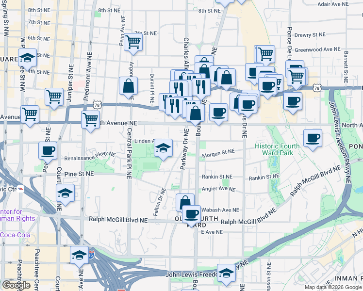 map of restaurants, bars, coffee shops, grocery stores, and more near 552 Parkway Drive Northeast in Atlanta