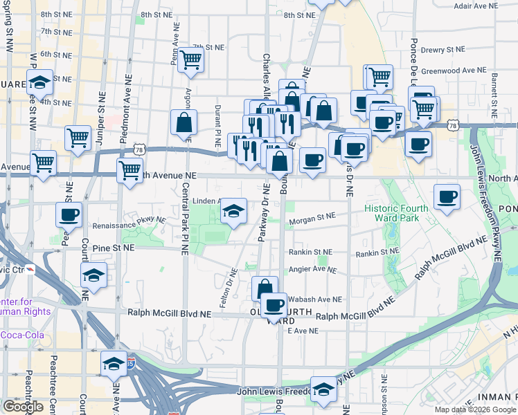 map of restaurants, bars, coffee shops, grocery stores, and more near 552 Parkway Drive Northeast in Atlanta