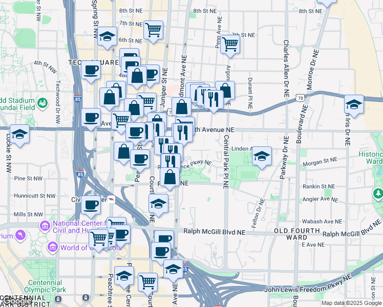 map of restaurants, bars, coffee shops, grocery stores, and more near 595 Piedmont Avenue Northeast in Atlanta
