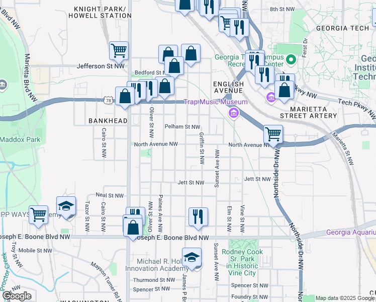 map of restaurants, bars, coffee shops, grocery stores, and more near 543 Chestnut Street Northwest in Atlanta