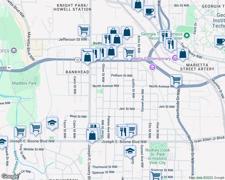 map of restaurants, bars, coffee shops, grocery stores, and more near 543 Paines Avenue Northwest in Atlanta