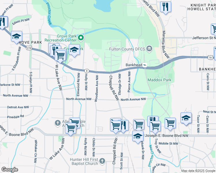map of restaurants, bars, coffee shops, grocery stores, and more near 1428 Blyss Avenue Northwest in Atlanta