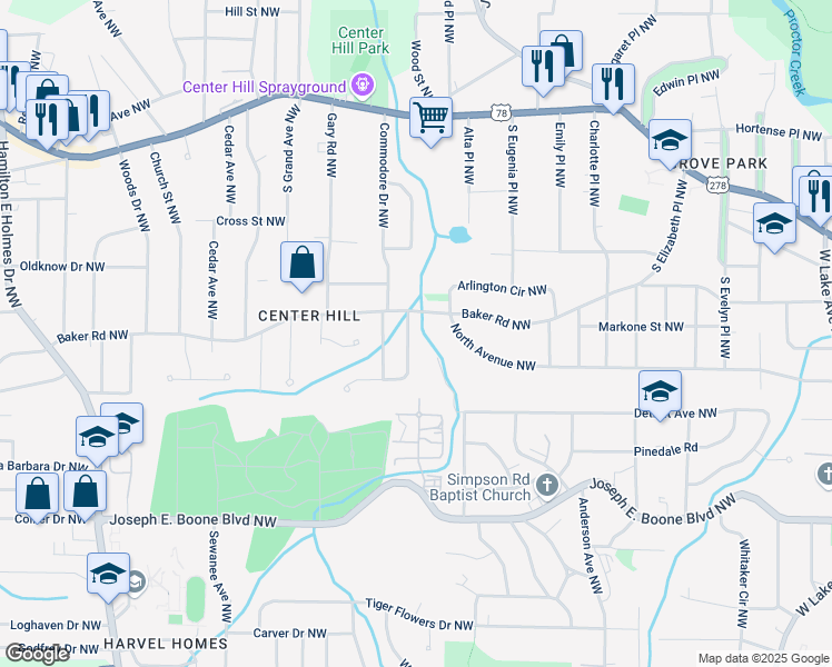 map of restaurants, bars, coffee shops, grocery stores, and more near 525 Baker Circle Northwest in Atlanta