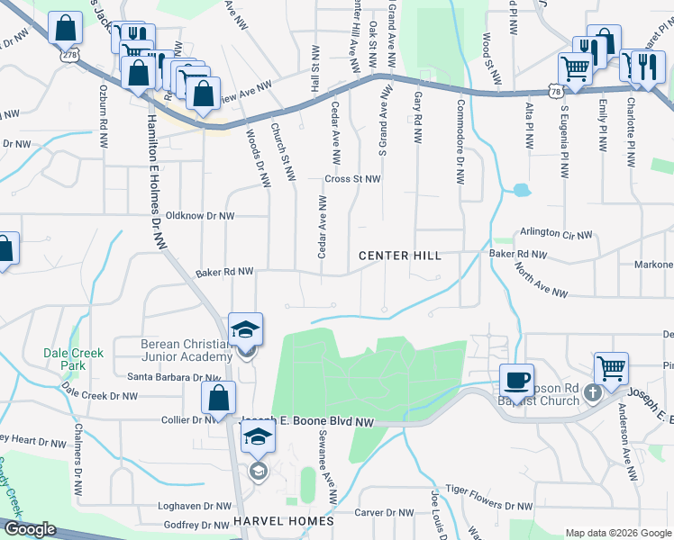 map of restaurants, bars, coffee shops, grocery stores, and more near 2375 Baker Road Northwest in Atlanta