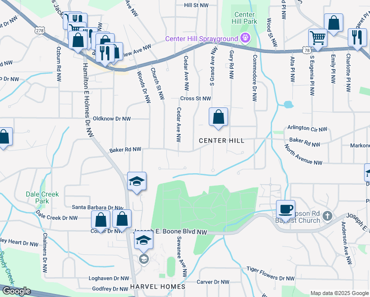 map of restaurants, bars, coffee shops, grocery stores, and more near 2383 Baker Road Northwest in Atlanta
