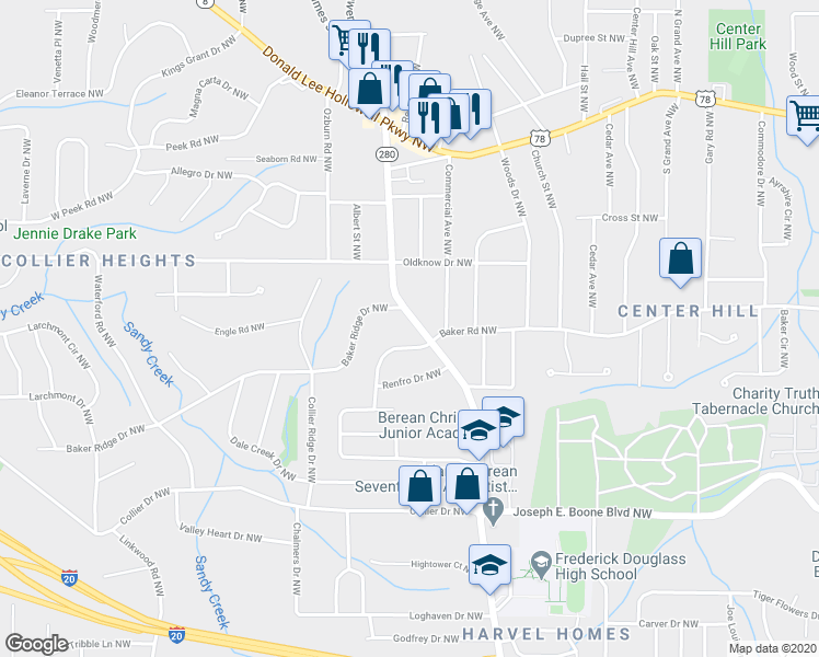 map of restaurants, bars, coffee shops, grocery stores, and more near 534 Hamilton E Holmes Drive Northwest in Atlanta
