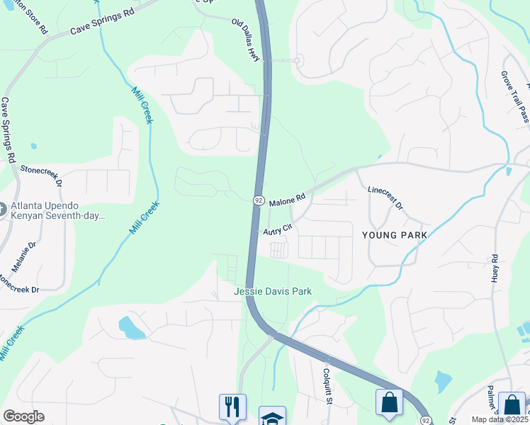 map of restaurants, bars, coffee shops, grocery stores, and more near 6592 Malone Road in Douglasville