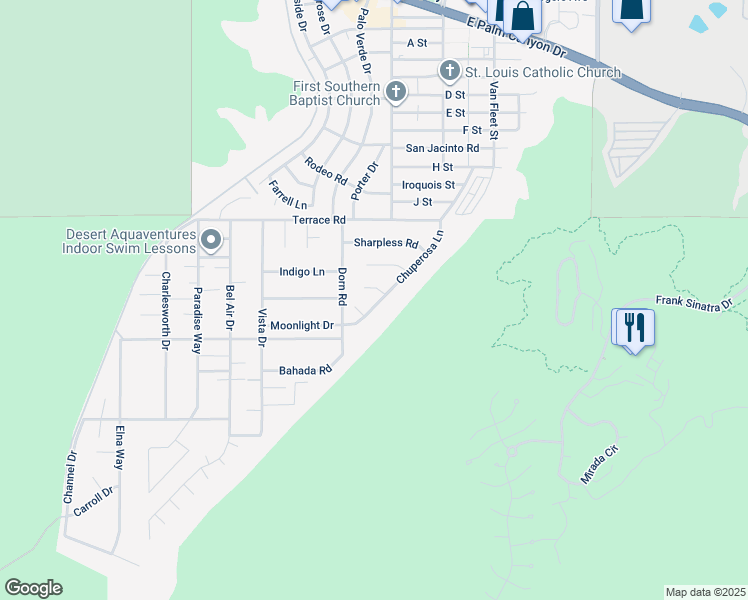 map of restaurants, bars, coffee shops, grocery stores, and more near 38295 Chuperosa Lane in Cathedral City