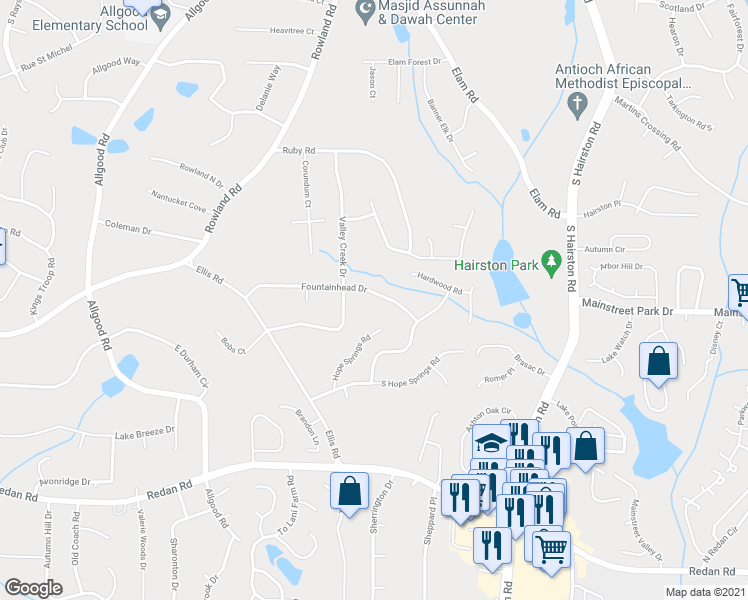 map of restaurants, bars, coffee shops, grocery stores, and more near 4679 Fountainhead Drive in Stone Mountain